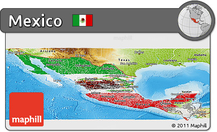 Flag Panoramic Map of Mexico, physical outside, flag rotated