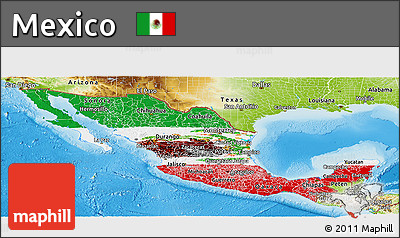 Flag Panoramic Map of Mexico, physical outside, flag rotated