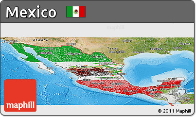 Flag Panoramic Map of Mexico, satellite outside, bathymetry sea, flag rotated