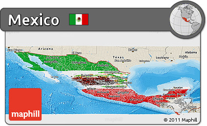 Flag Panoramic Map of Mexico, shaded relief outside, bathymetry sea, flag rotated