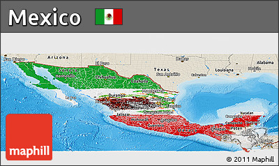 Flag Panoramic Map of Mexico, shaded relief outside, bathymetry sea, flag rotated