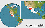 Satellite Location Map of Culiacan, highlighted country, highlighted parent region, within the entire country