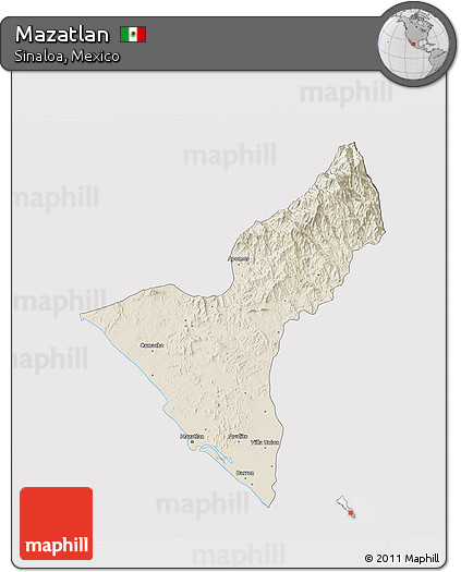 Shaded Relief 3D Map of Mazatlan, cropped outside