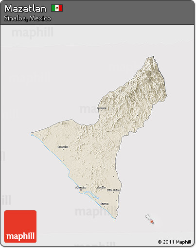 Shaded Relief 3D Map of Mazatlan, cropped outside