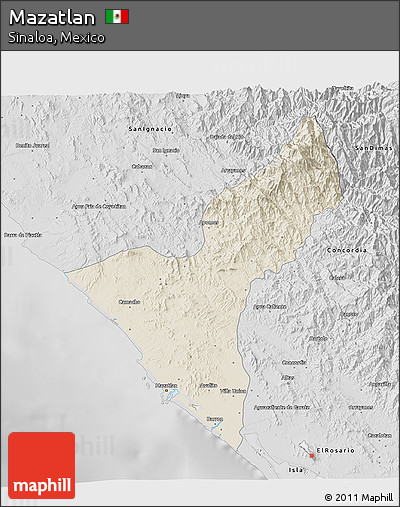Shaded Relief 3D Map of Mazatlan, desaturated