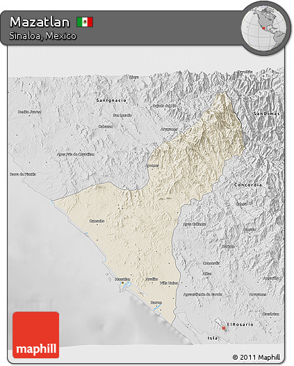Shaded Relief 3D Map of Mazatlan, desaturated