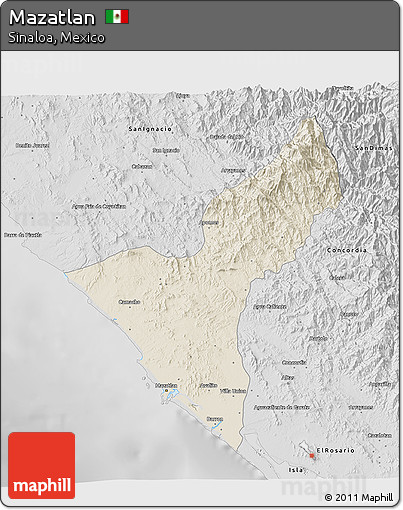 Shaded Relief 3D Map of Mazatlan, desaturated