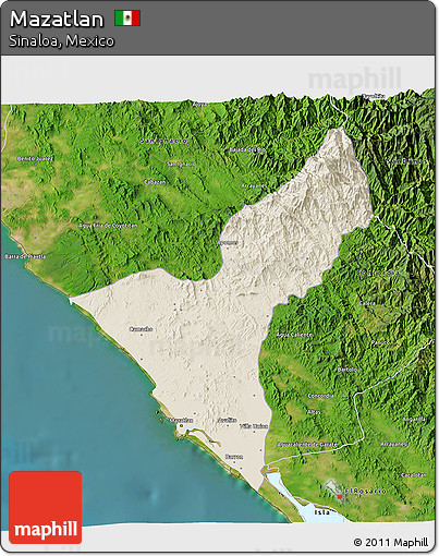 Shaded Relief 3D Map of Mazatlan, satellite outside