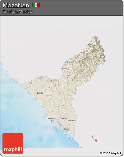 Shaded Relief 3D Map of Mazatlan, single color outside