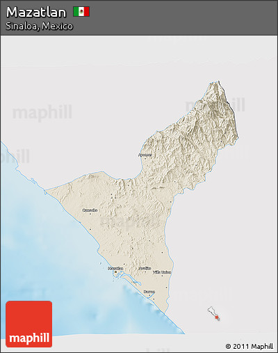 Shaded Relief 3D Map of Mazatlan, single color outside