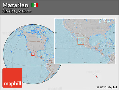 Gray Location Map of Mazatlan, within the entire country, hill shading