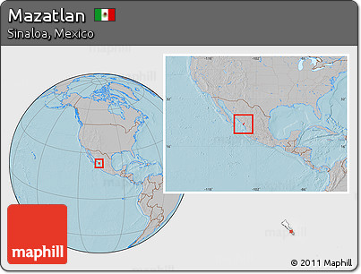 Gray Location Map of Mazatlan, within the entire country, hill shading