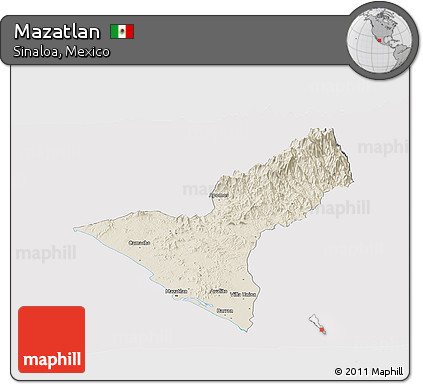 Shaded Relief Panoramic Map of Mazatlan, cropped outside