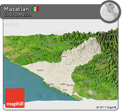Shaded Relief Panoramic Map of Mazatlan, satellite outside