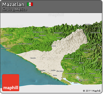 Shaded Relief Panoramic Map of Mazatlan, satellite outside
