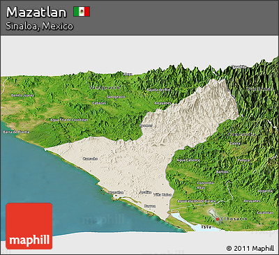 Shaded Relief Panoramic Map of Mazatlan, satellite outside
