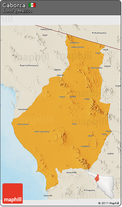 Political 3D Map of Caborca, shaded relief outside
