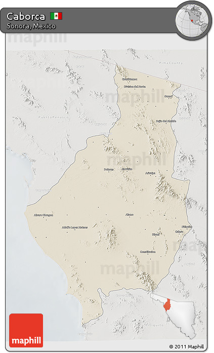 Shaded Relief 3D Map of Caborca, lighten, semi-desaturated