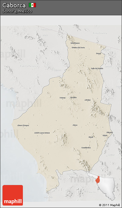 Shaded Relief 3D Map of Caborca, lighten, semi-desaturated