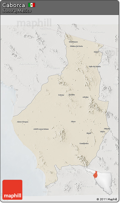 Shaded Relief 3D Map of Caborca, lighten, semi-desaturated