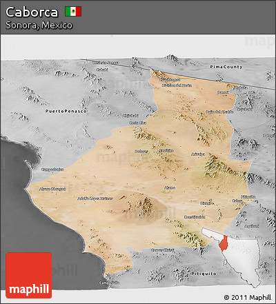 Satellite Panoramic Map of Caborca, desaturated