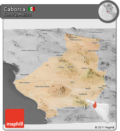 Satellite Panoramic Map of Caborca, desaturated