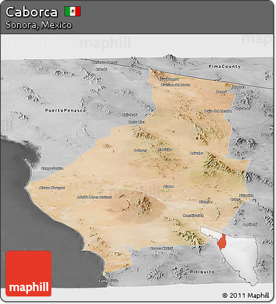 Satellite Panoramic Map of Caborca, desaturated
