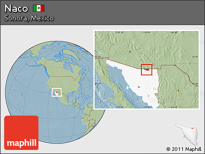 Savanna Style Location Map of Naco, highlighted parent region, hill shading
