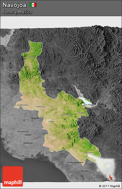 Satellite 3D Map of Navojoa, darken, desaturated