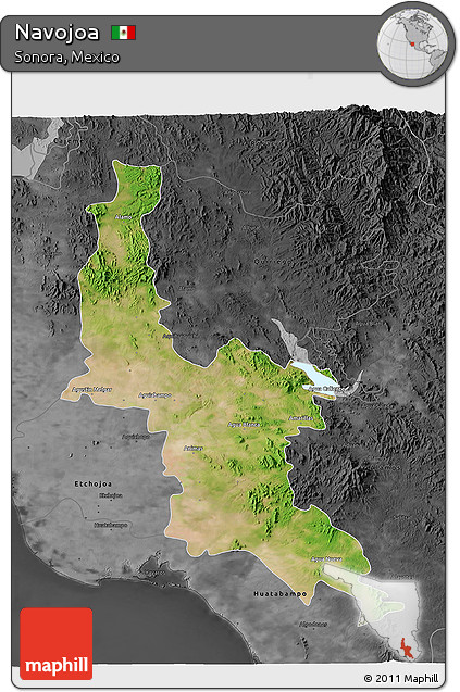 Satellite 3D Map of Navojoa, darken, desaturated
