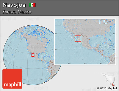 Gray Location Map of Navojoa, within the entire country, hill shading