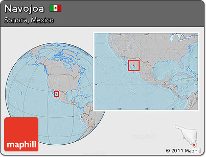 Gray Location Map of Navojoa, within the entire country, hill shading