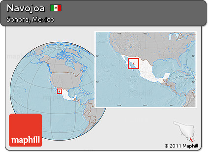 Gray Location Map of Navojoa, highlighted country, within the entire country, hill shading