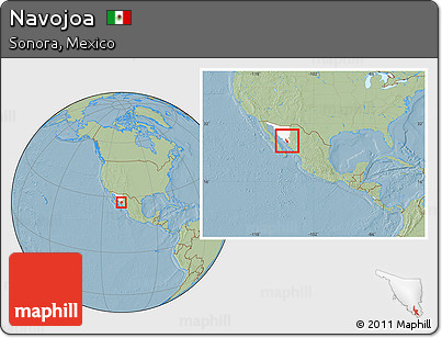 Savanna Style Location Map of Navojoa, highlighted parent region, within the entire country, hill shading