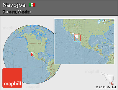 Savanna Style Location Map of Navojoa, highlighted parent region, within the entire country, hill shading