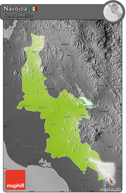 Physical Map of Navojoa, darken, desaturated