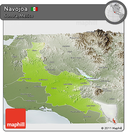 Physical Panoramic Map of Navojoa, semi-desaturated