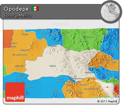 Shaded Relief 3D Map of Opodepe, political outside