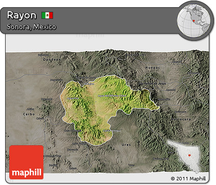 Satellite 3D Map of Rayon, darken, semi-desaturated