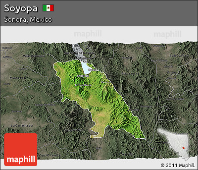 Satellite 3D Map of Soyopa, darken, semi-desaturated