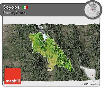 Satellite 3D Map of Soyopa, darken, semi-desaturated