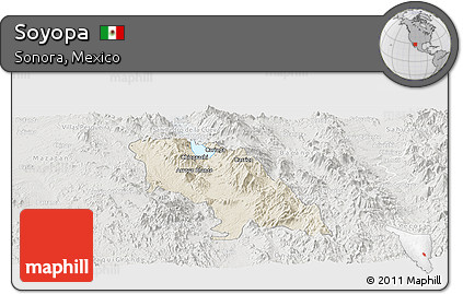 Shaded Relief Panoramic Map of Soyopa, lighten, semi-desaturated