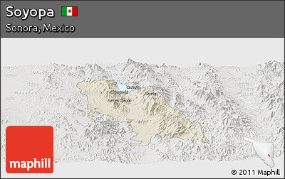 Shaded Relief Panoramic Map of Soyopa, lighten, semi-desaturated