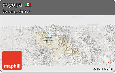 Shaded Relief Panoramic Map of Soyopa, lighten, semi-desaturated