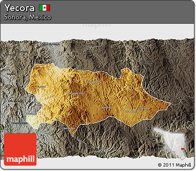 Physical 3D Map of Yecora, darken, semi-desaturated
