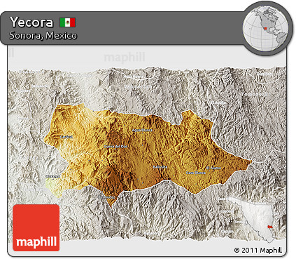 Physical 3D Map of Yecora, lighten, semi-desaturated