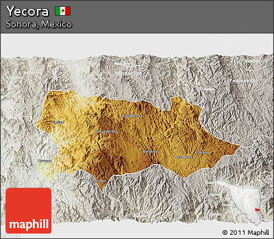 Physical 3D Map of Yecora, lighten, semi-desaturated