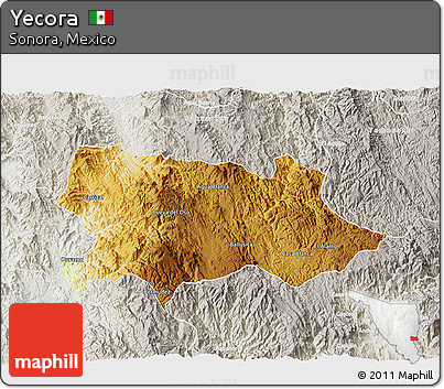 Physical 3D Map of Yecora, lighten, semi-desaturated