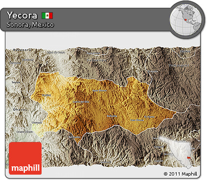 Physical 3D Map of Yecora, semi-desaturated