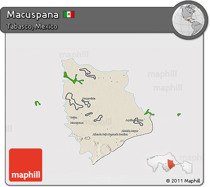 Shaded Relief 3D Map of Macuspana, single color outside